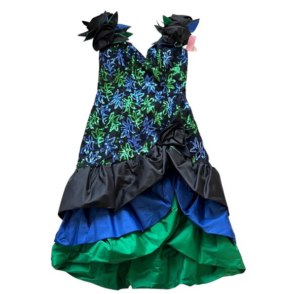 Vintage 1980s prom dress size 14 black blue green sequins tiered flowers Women Vintage 1980s prom dress size 14 black blue green sequins tiered flowers Women